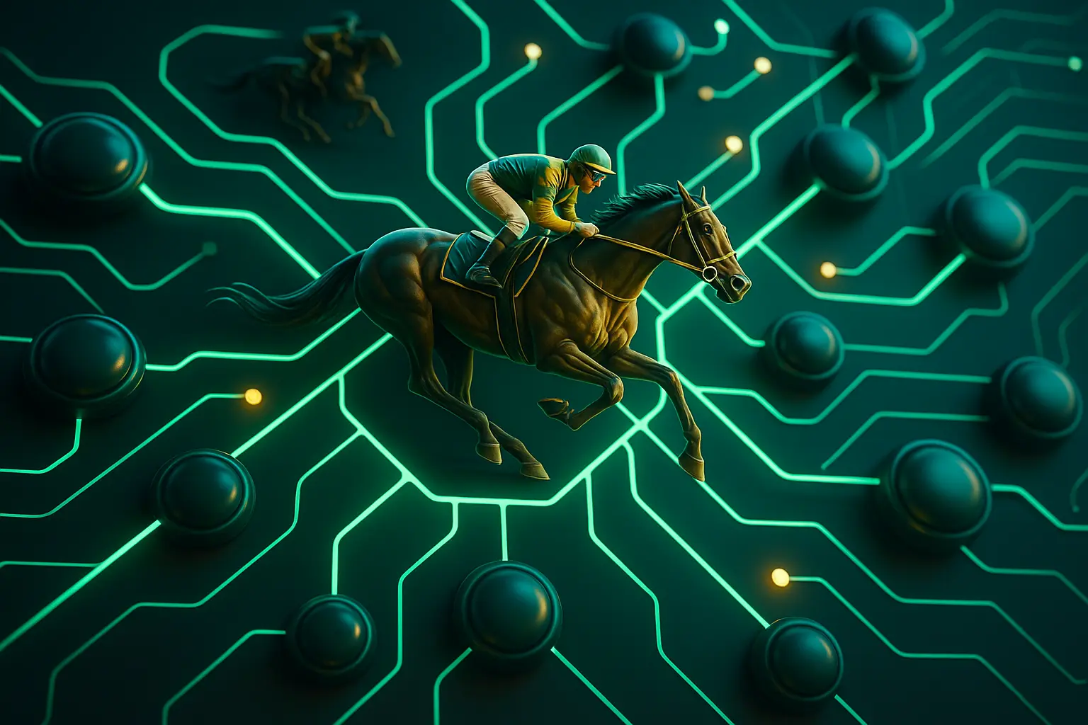 AI学習を象徴する3Dネットワークと競走馬